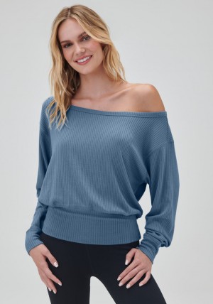 Women's Spiritual Gangster Ballet Rib Banded Hem Vida Sweater Long Sleeve Tops Coastal Blue | HL8294107