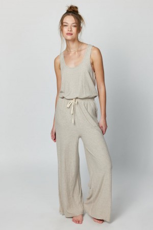 Women's Spiritual Gangster Ballet Rib Wide Leg Perfect Jumpsuit Dresses, Rompers & Jumpsuits Heather Oatmeal | BQ2735461