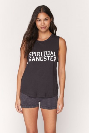 Women's Spiritual Gangster Varsity Muscle Tank Tees & Tanks Vintage Black | LY6951804