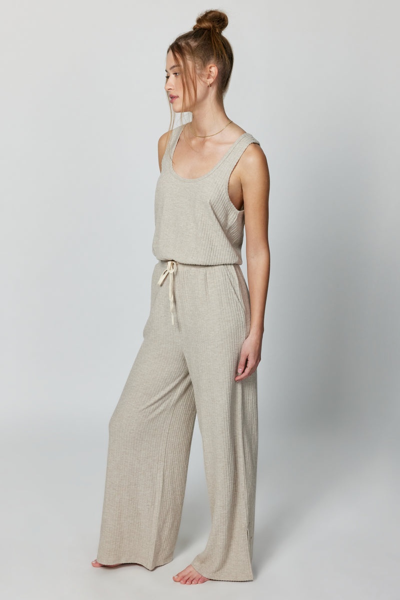 Women's Spiritual Gangster Ballet Rib Wide Leg Perfect Jumpsuit Dresses, Rompers & Jumpsuits Heather Oatmeal | BQ2735461