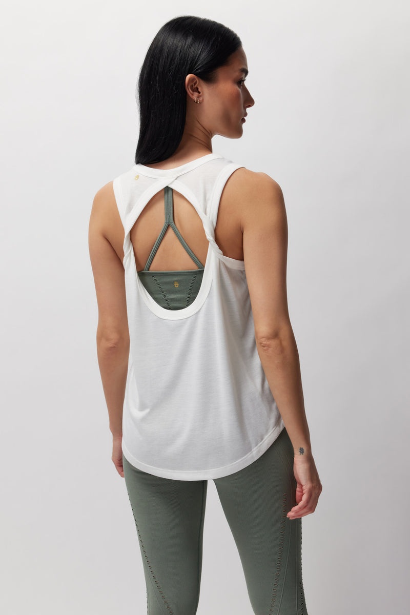 Women's Spiritual Gangster Eternal Optimist Namaste Dry Double Twist Tank Tees & Tanks White | AH7530829