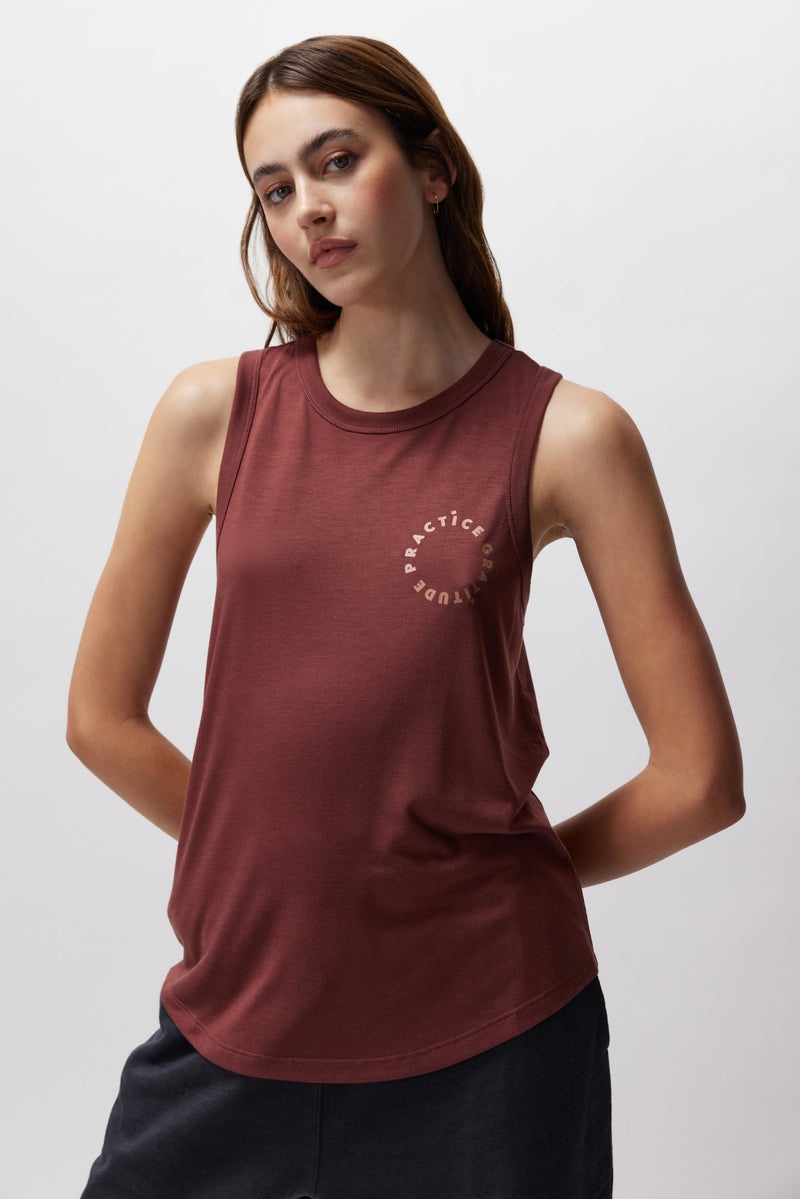 Women's Spiritual Gangster Practice Gratitude Namaste Dry Double Twist Tank Tees & Tanks Washed Burgundy | NG5901463